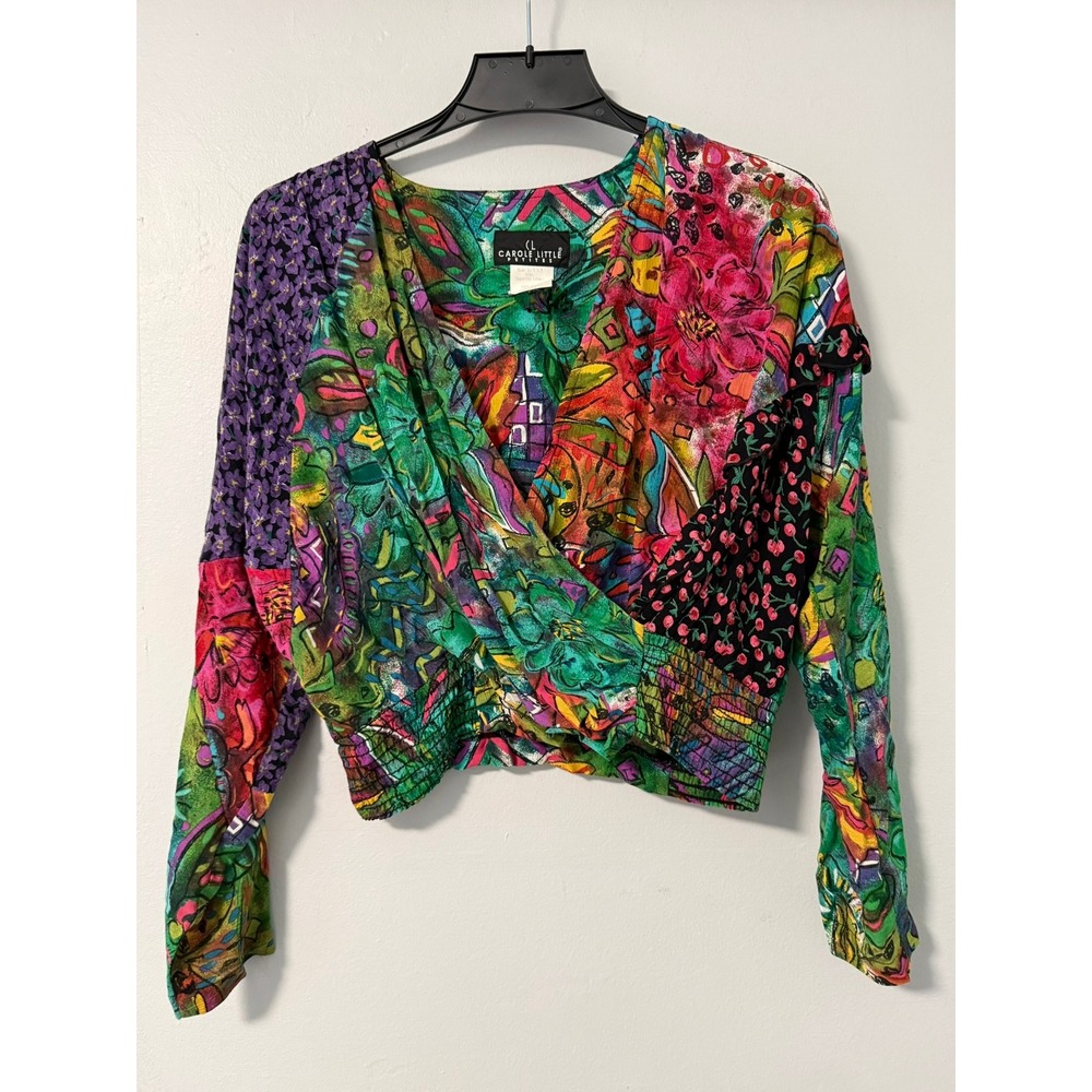 Carole Little Petites Vintage‎ 90s Patchwork Floral Wrap Crop Top Blouse Size 10
